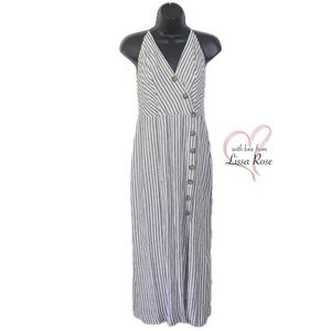 Amber Side-slit Button-Down Striped Linen Smocked Midi Dress (Urban Outfitters)